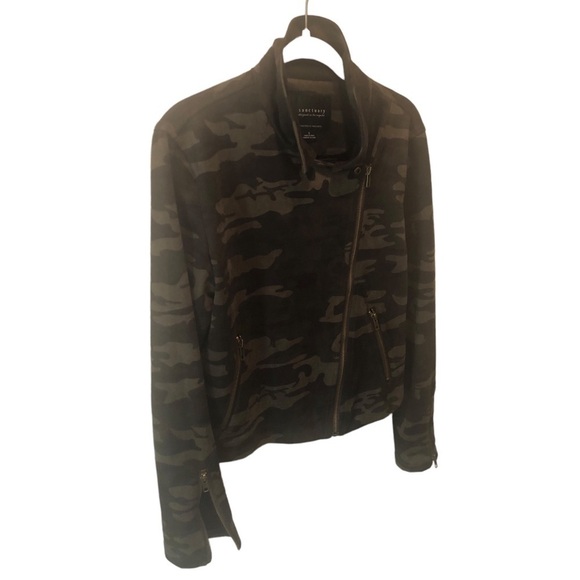 Sanctuary Faux Suede Camo Moto Jacket Full Zip Pockets Green Black Soft and Cozy - Picture 2 of 10